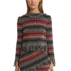 NICHOLAS Fringe Tweed Red Black Stripe Cotton Wool Woven Zip Top